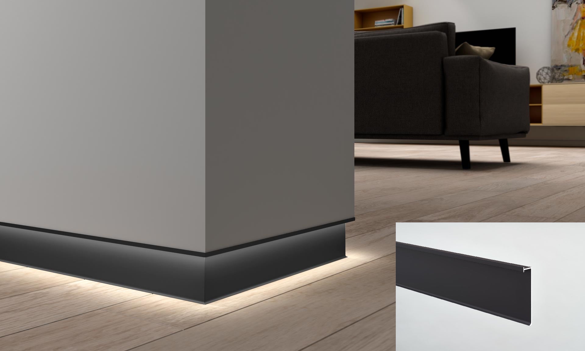 Plinta retrasa shadow gap neagra cu led pt. pardoseli si tavane Novorodapie Eclipse Emac